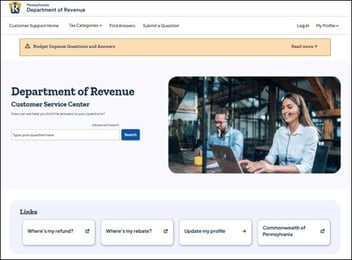 Screenshot of PA Dept of Revenue's improved online customer service center