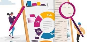 Illustration: 2 figures looking over receipts and graphs