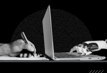 On left, hand manually writing out work; on right, robot hand working on a laptop