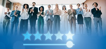 Members of CPA firm in background with 5 star rating in foreground