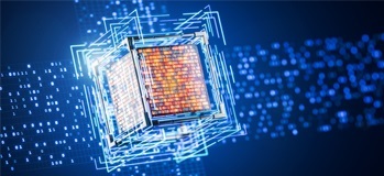 Conceptual graphic of many data points being sifted and organized by a tech cube